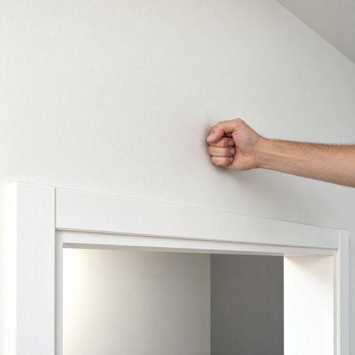 Eine Faust klopft über dem Türrahmen an die Wand.