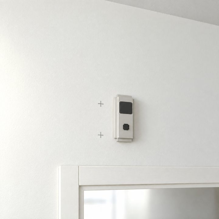 Ein Leitungssucher prüft die Wand rund um die Markierungen über der Tür.