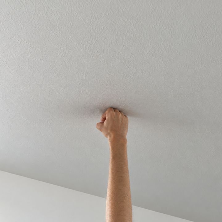 Eine Faust klopft von unten an die Decke.