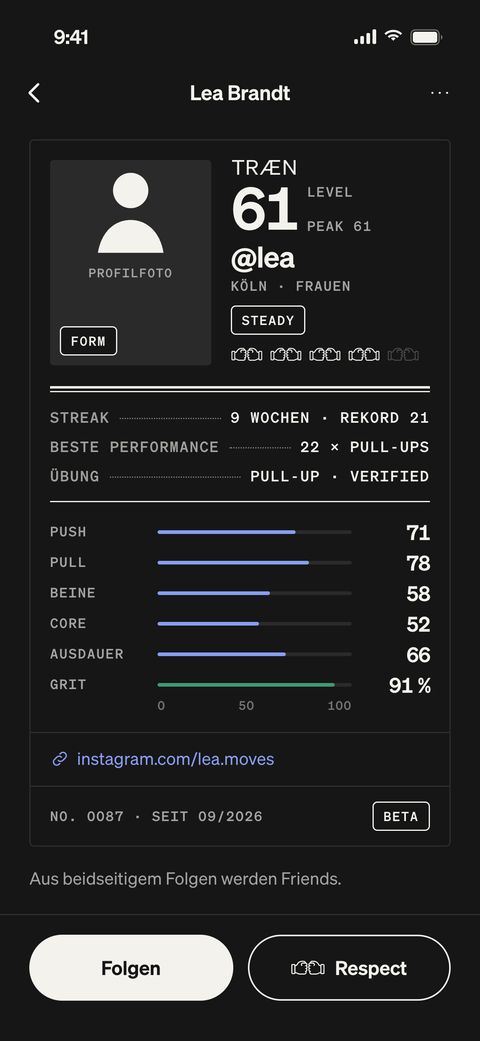 TRÆN-App, Athlete Card von @lea: Level 61, Werte und Bestleistung, Knöpfe Folgen und Respect.