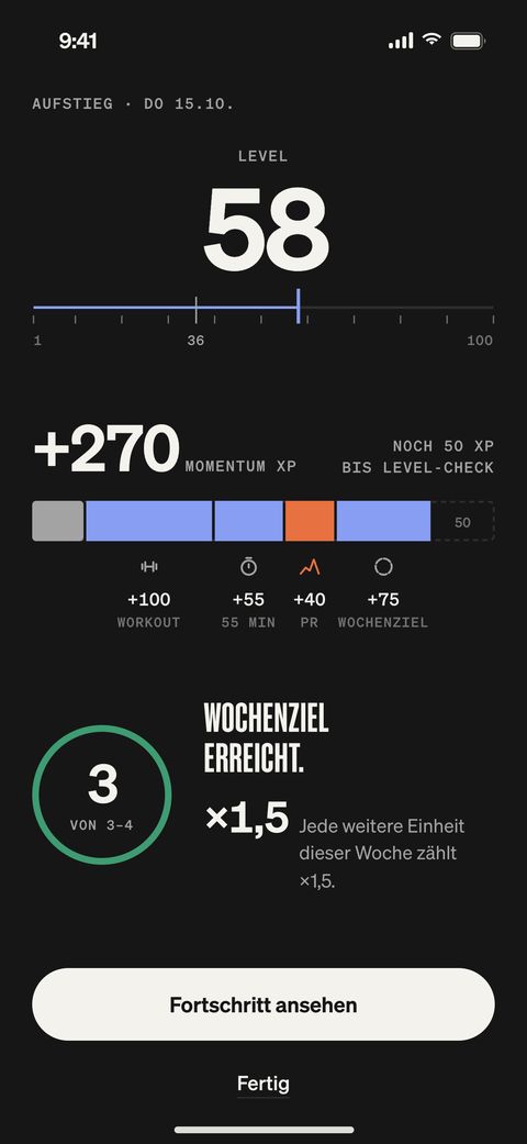 TRÆN-App, Aufstieg: Level 58, Momentum XP der Woche, Wochenziel erreicht mit Bonus.