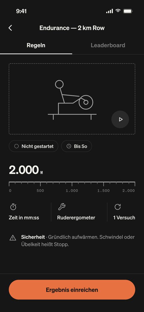 TRÆN-App, Challenge 2 km Row: Regeln mit Erklärvideo, Zeit, Rudergerät, ein Versuch und Sicherheitshinweis.