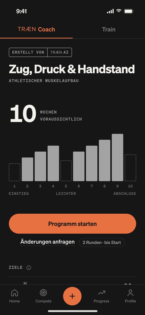 TRÆN Coach, Programm „Zug, Druck & Handstand“ über 10 Wochen, erstellt von TRÆN AI, Knopf Programm starten.