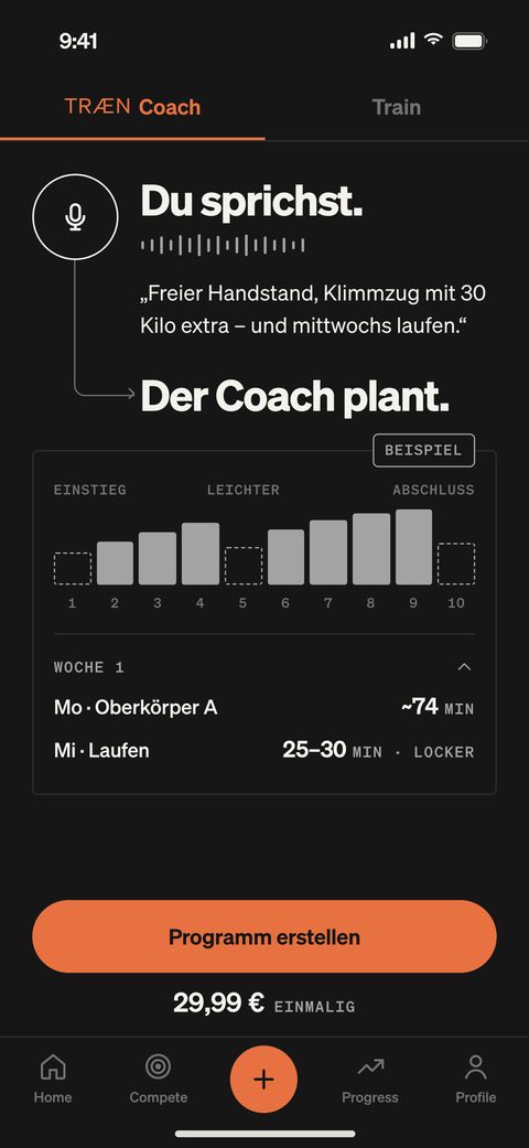 TRÆN Coach: „Du sprichst. Der Coach plant.“ – ein gesprochener Wunsch wird zum Programm über zehn Wochen, Knopf „Programm erstellen“.