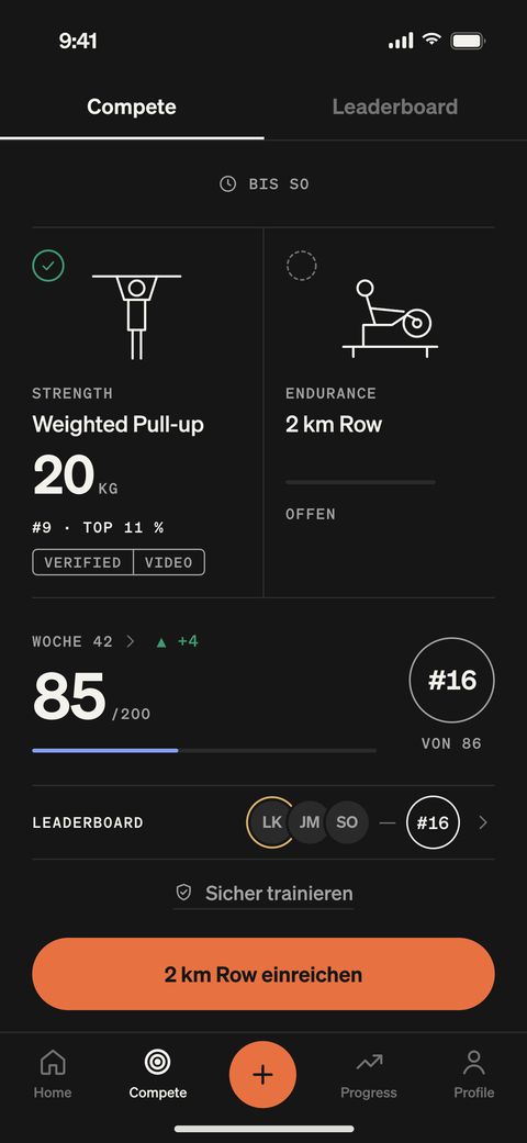TRÆN-App, Compete: Strength-Challenge Weighted Pull-up mit Rang 9, Endurance-Challenge 2 km Row noch offen, 85 von 200 Wochenpunkten, Rang 16 von 86.