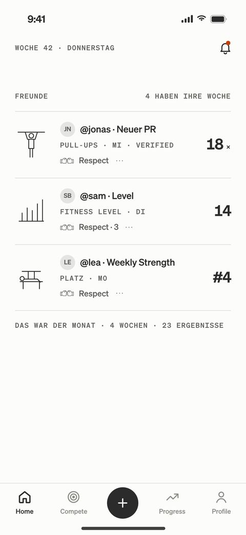 TRÆN-App, Feed der Friends: neuer PR, Level-Aufstieg und Platz in der Weekly Challenge, jeweils mit Respect.