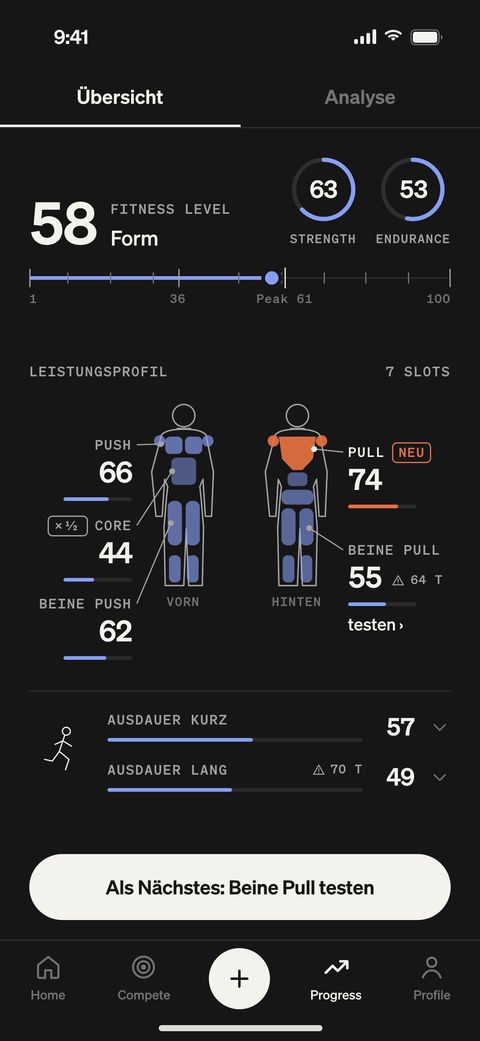 TRÆN-App, Fortschritt: Fitness Level 58 im Band Form, Strength 63 und Endurance 53, Leistungsprofil am Körperbild mit Push, Pull, Beine und Core.