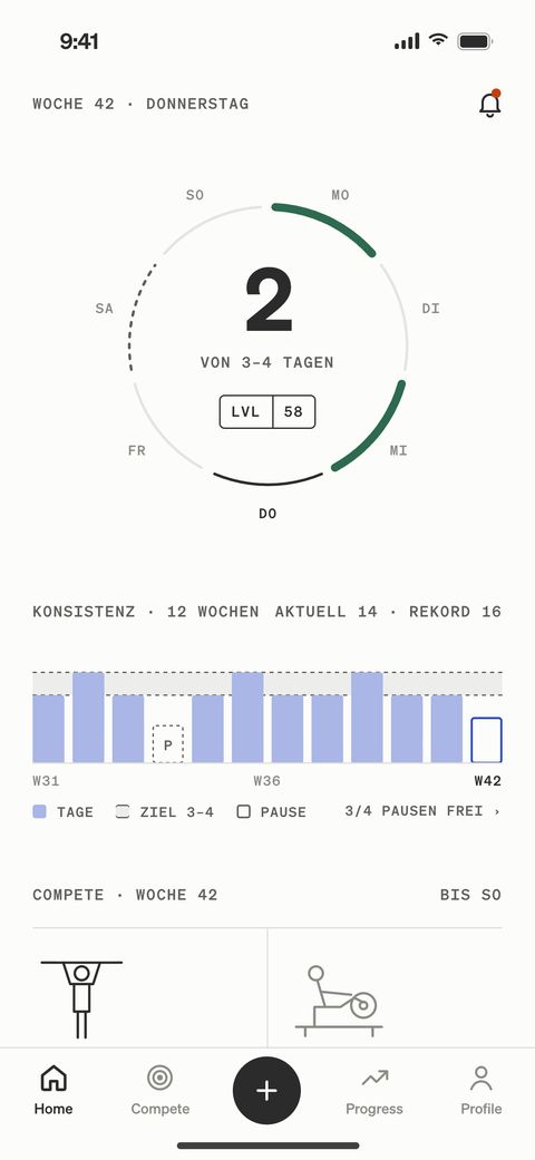 TRÆN-App, Home: Wochenring 2 von 3 bis 4 Trainingstagen, Konstanz über 12 Wochen, Compete der Woche.