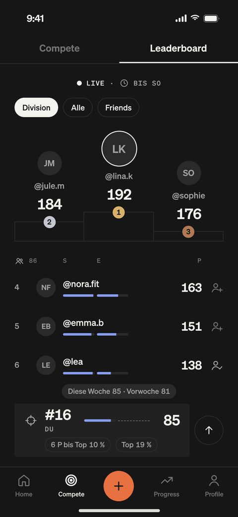 TRÆN-App, Leaderboard der Woche: Podium mit den drei Besten der Division, darunter die Liste und die eigene Zeile auf Rang 16.