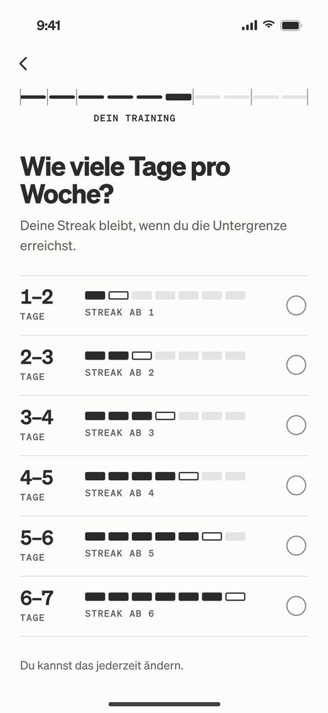 TRÆN-App, Wochenziel wählen: von 1 bis 2 bis zu 6 bis 7 Trainingstagen pro Woche.