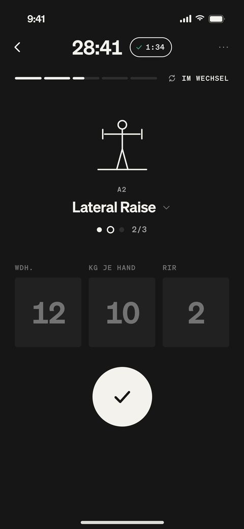 TRÆN-App, Trainingseinheit: die Pause ist um, die App meldet sich mit Vibration und Ton.