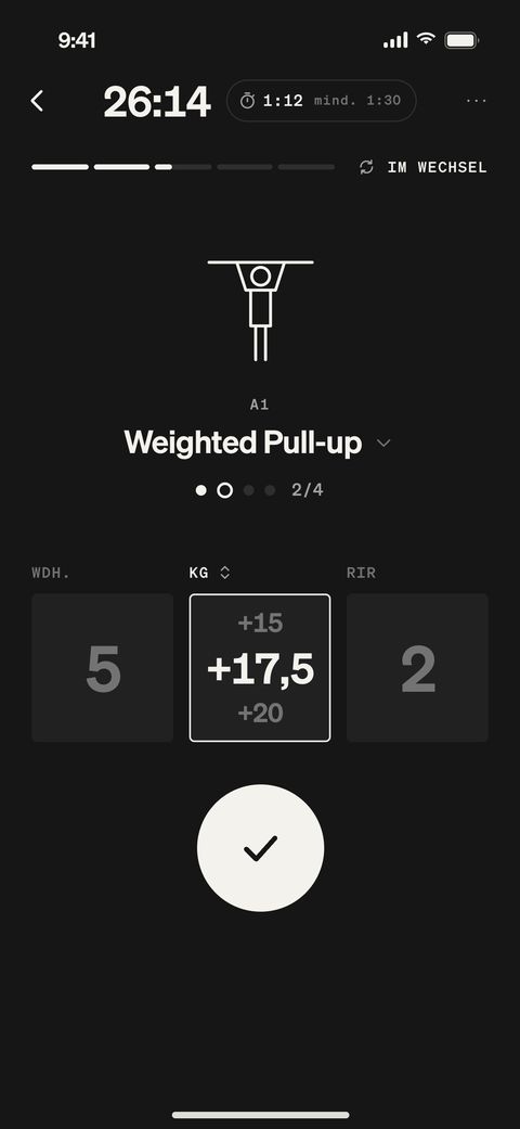 TRÆN-App, Trainingseinheit: das Gewicht per Wisch ändern, in Schritten von 2,5.