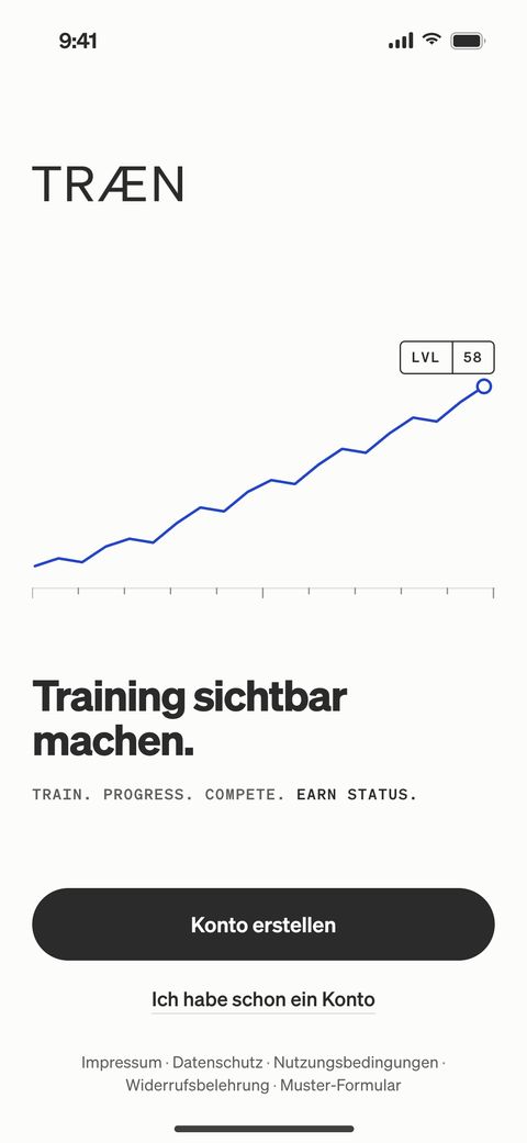 TRÆN-App, Willkommen: „Training sichtbar machen.“ mit Levelkurve und Knopf Konto erstellen.