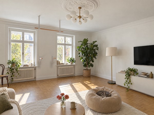 Helles Altbau-Wohnzimmer mit Stuckdecke: KS3 Decken-Klimmzugstange in Weiß vor den Fenstern, zwischen den Fenstern der DB1 Dip-Barren in Weiß.