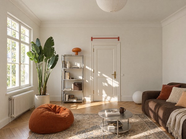 KS1 Klimmzugstange in Orange über einer Kassettentür, daneben ein Metallregal mit Büchern.