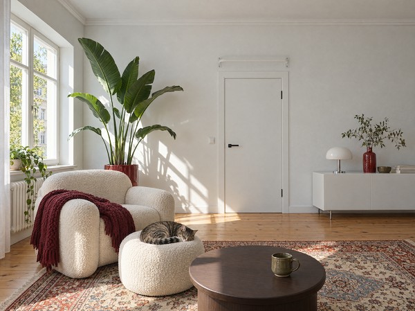 KS1 Wand-Klimmzugstange in Weiß über einer weißen Zimmertür in einem hellen Wohnzimmer mit Sessel, Teppich und großer Pflanze.