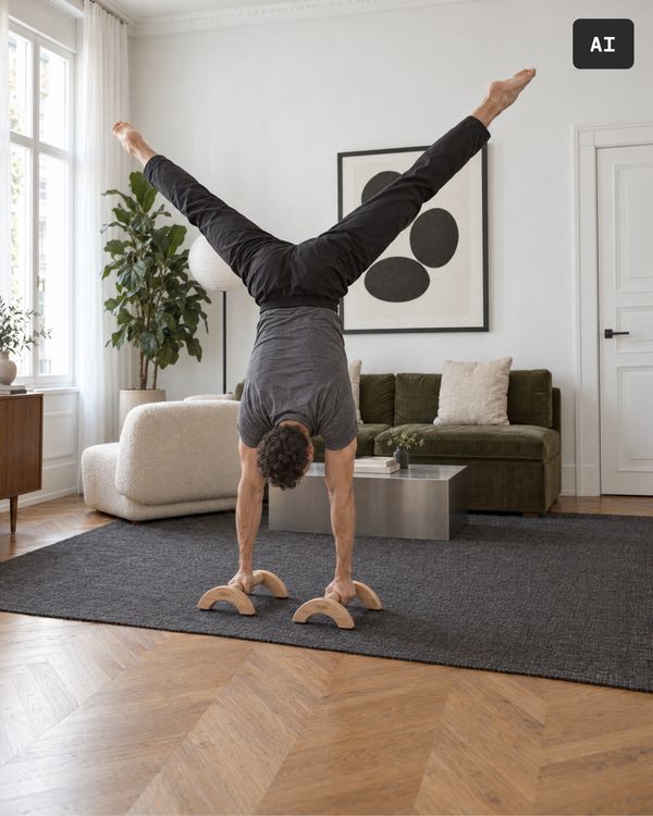 Mann im Grätsche-Handstand auf den breiten Liegestützgriffen LG1, von hinten gesehen (KI-generiertes Bild)